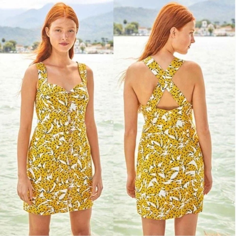 Farm Rio Spotted Bananas Button Front Cotton Linen Anthro Mini Dress Small